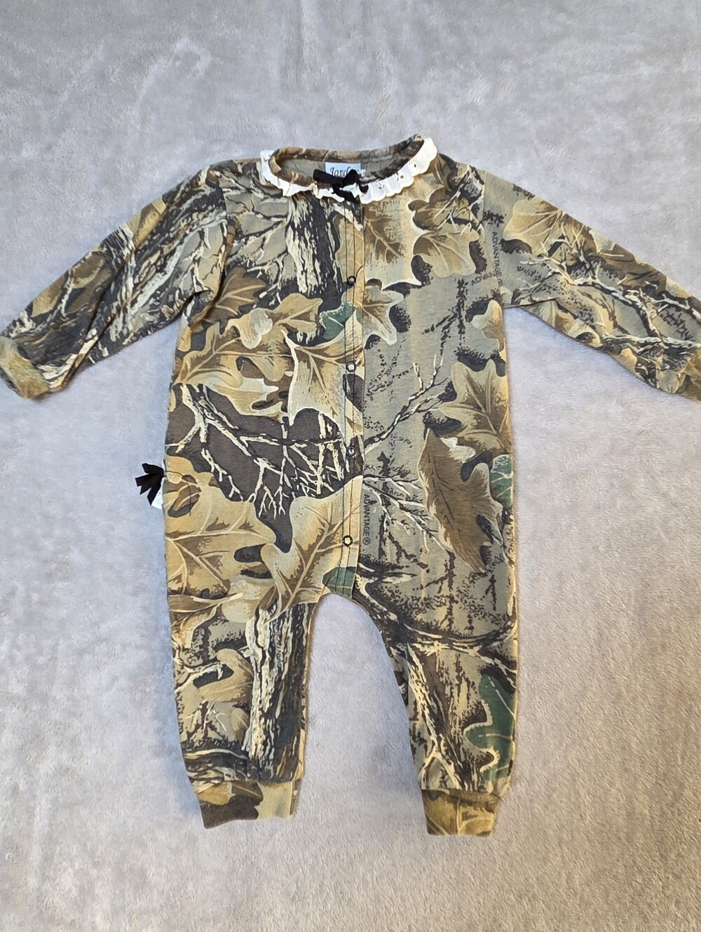Vintage Jordan Lee Originals Baby Camo Sleeper Romper Made in USA Ruffle Collar